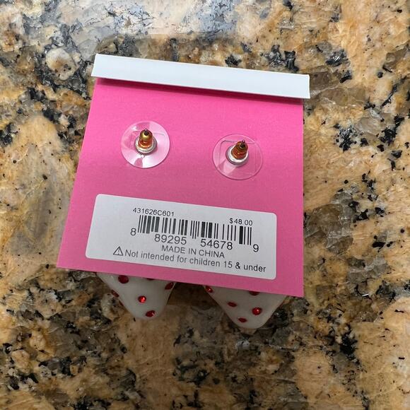 Betsey Johnson White Strawberry Drop Earrings Red Crystal & Faux Pearl - Picture 2 of 2